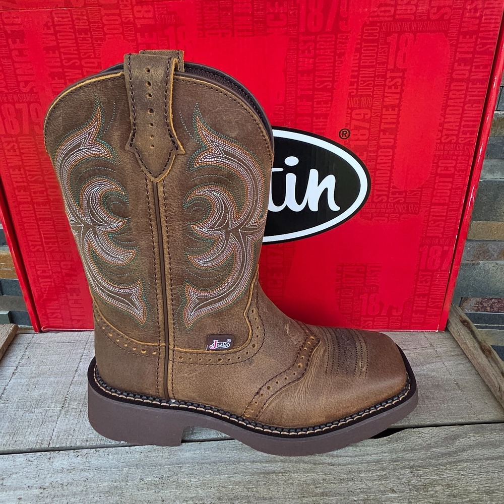 Justin Boots INJI Brown Water Buffalo Wide Square Toe Boots Size 6B GY9984 NEW - Picture 12 of 16